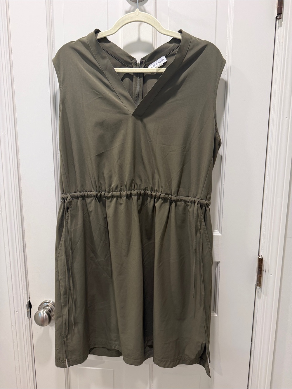 Calvin Klein Olive Green V-Neck Gathered Waist Dress